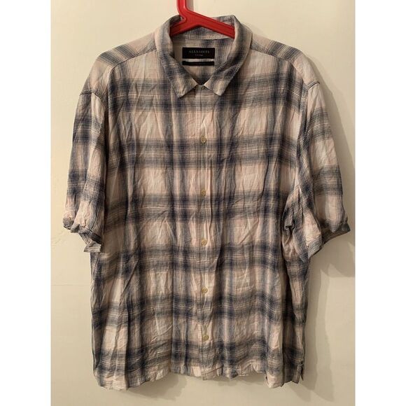 AllSaints Tampa SS Flannel Shirt Plaid Long Sleeve Pink Black Size XL Linen - Picture 2 of 9
